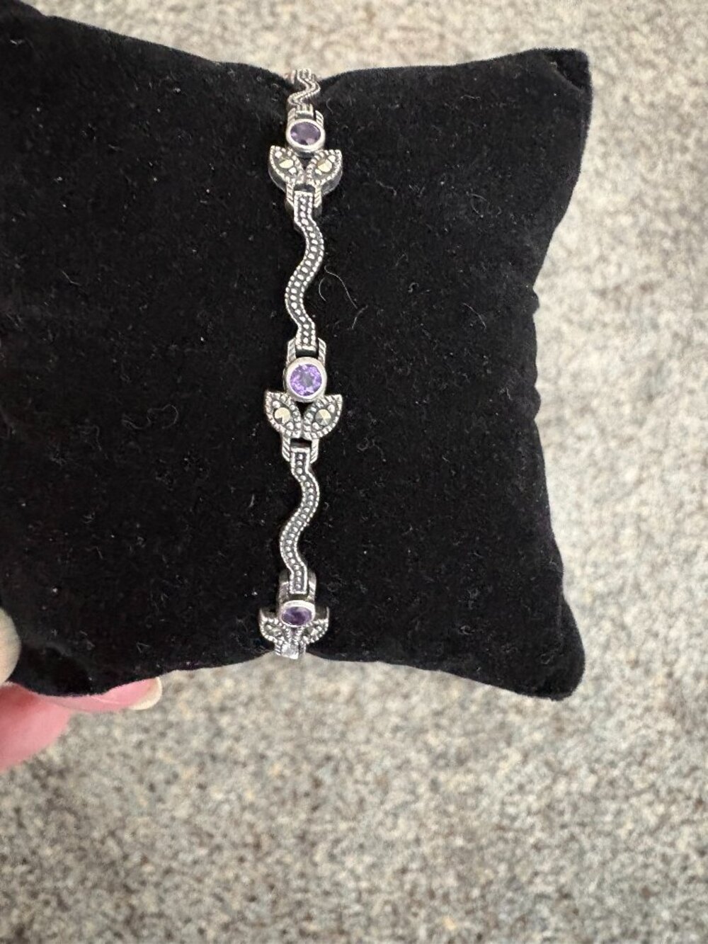 Dainty Amethyst and Marcasite 925 Siver Bracelet 7 1/4"